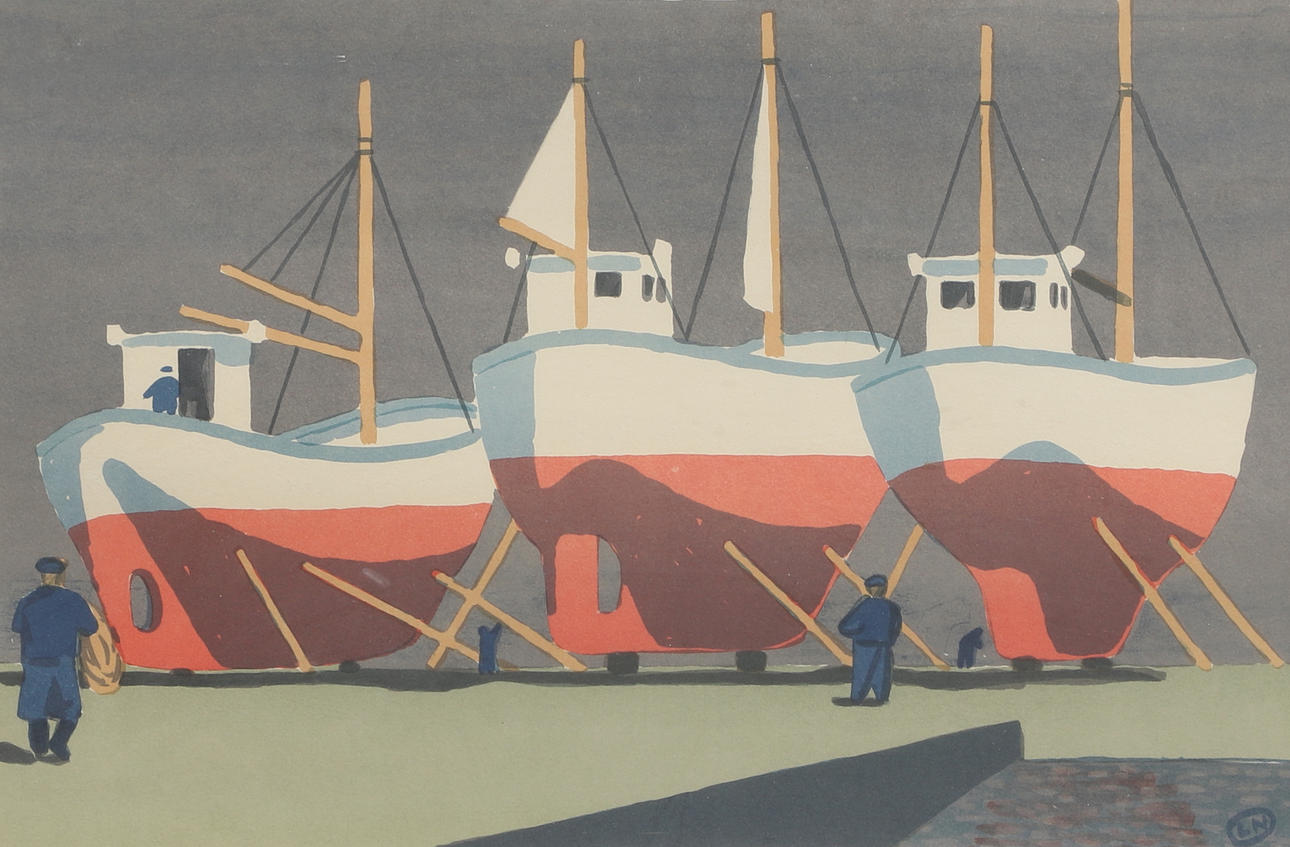 LARS NORMAN. Colour lithograph, boats, signed, numbered 150/310.