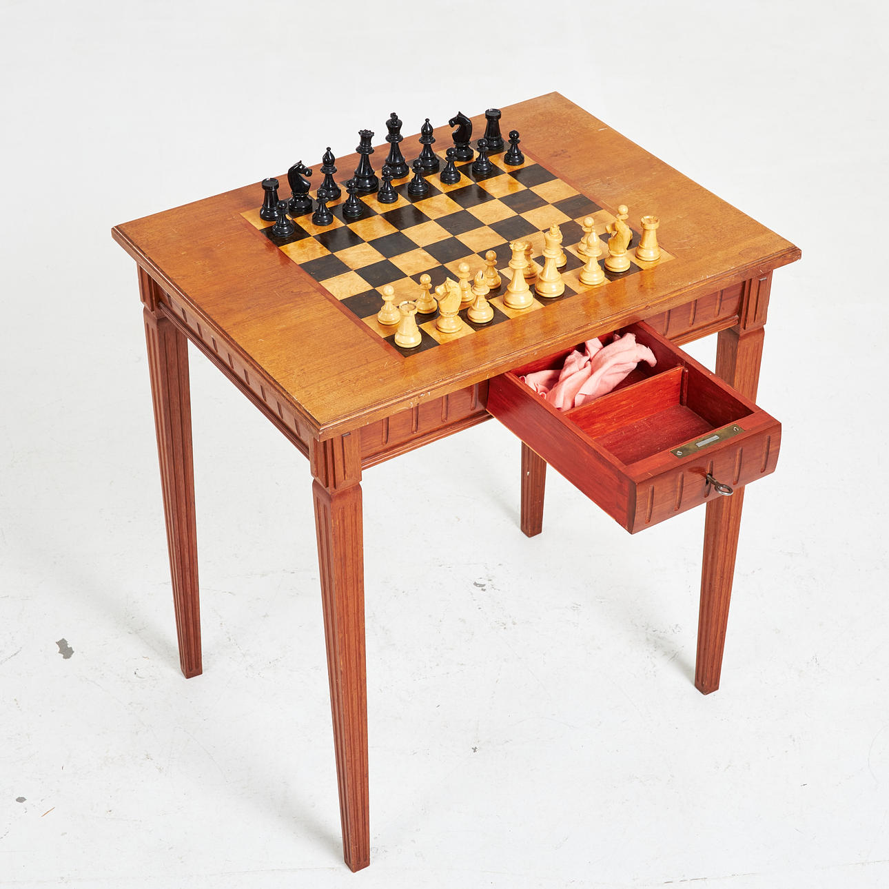 Chess table, veneered in oak, intarsia board, pull-out drawer, cut ...