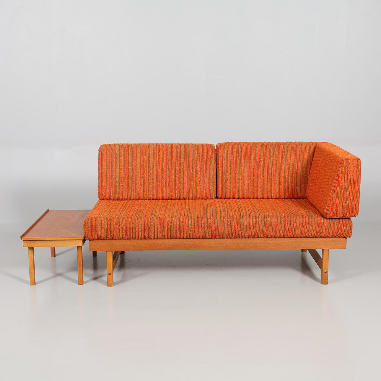 DEW BED/SOFA BED and side table, teak mid 20th century.