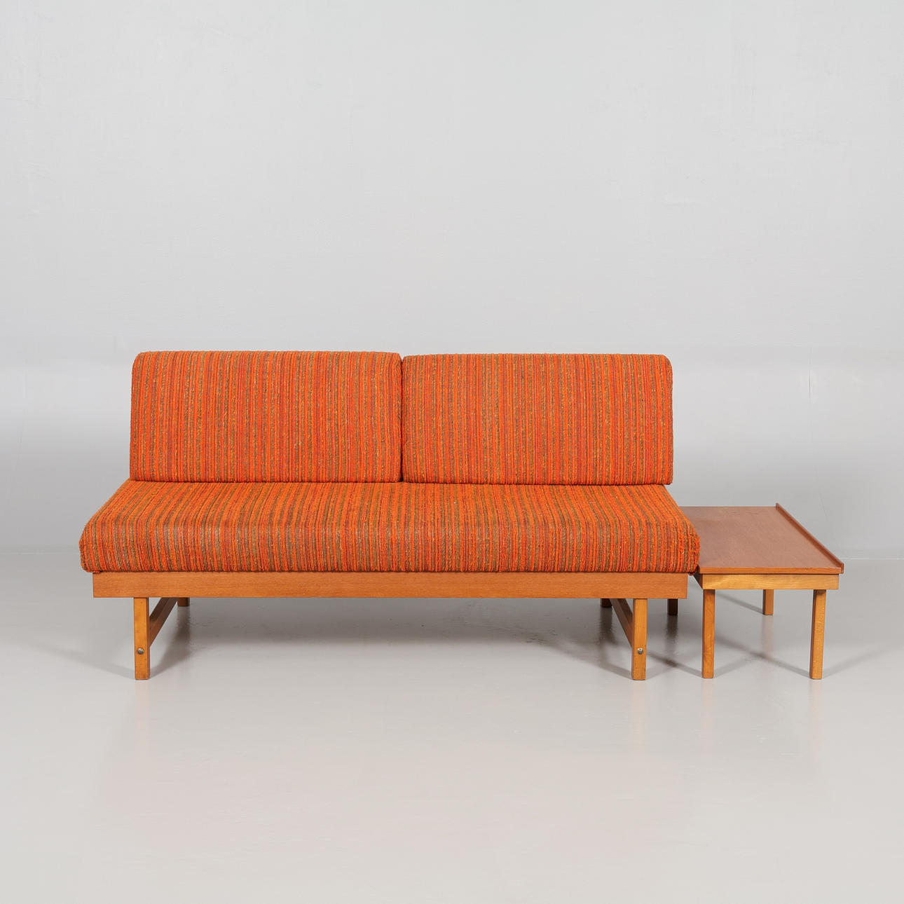 DEW BED/SOFA BED and side table, teak mid 20th century.