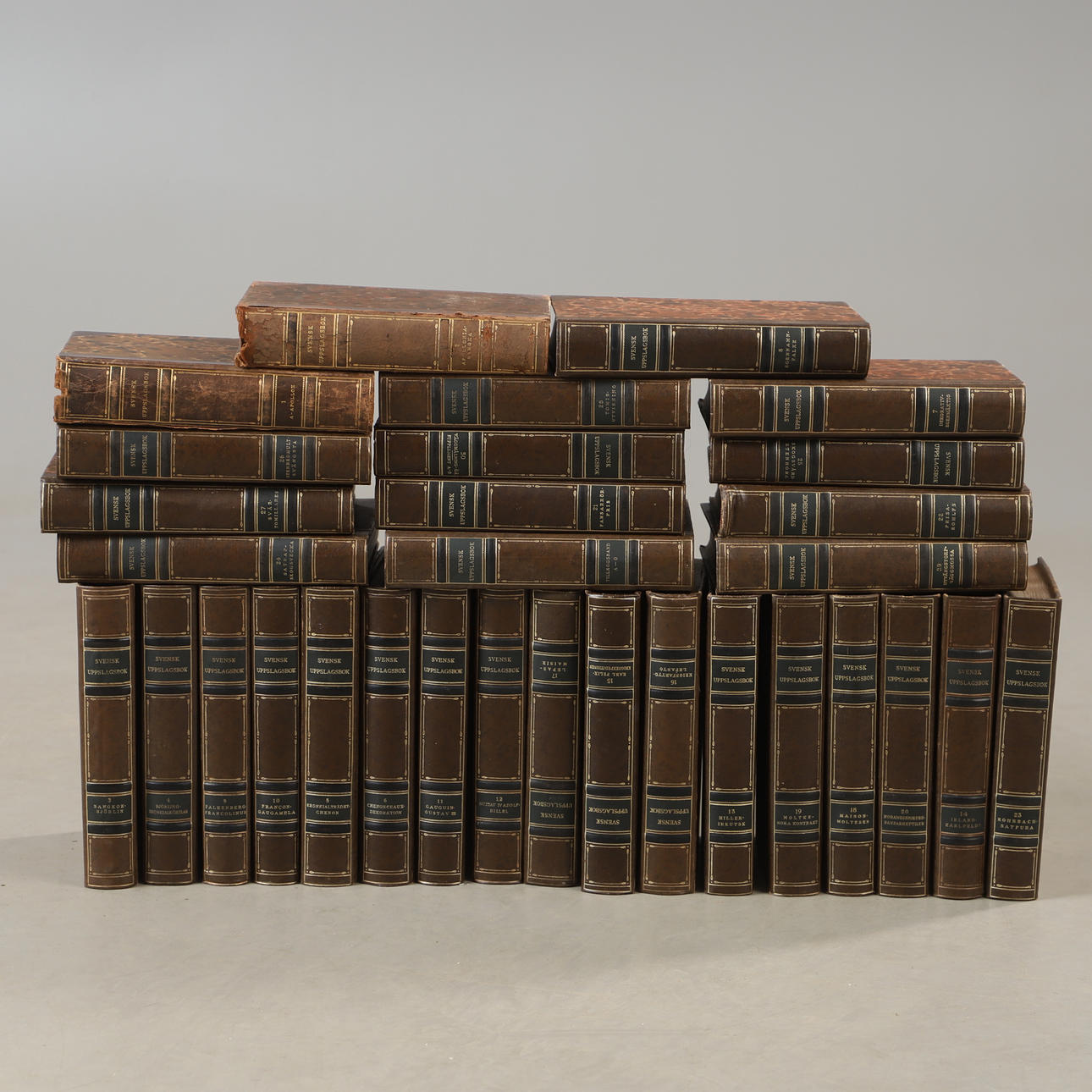 BOOKS, ca 33 leather bands, Swedish encyclopedia.