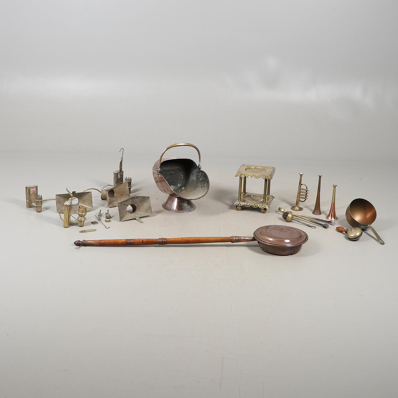 A COPPER COAL SCUTTLE, BED PAN, AND OTHERS.