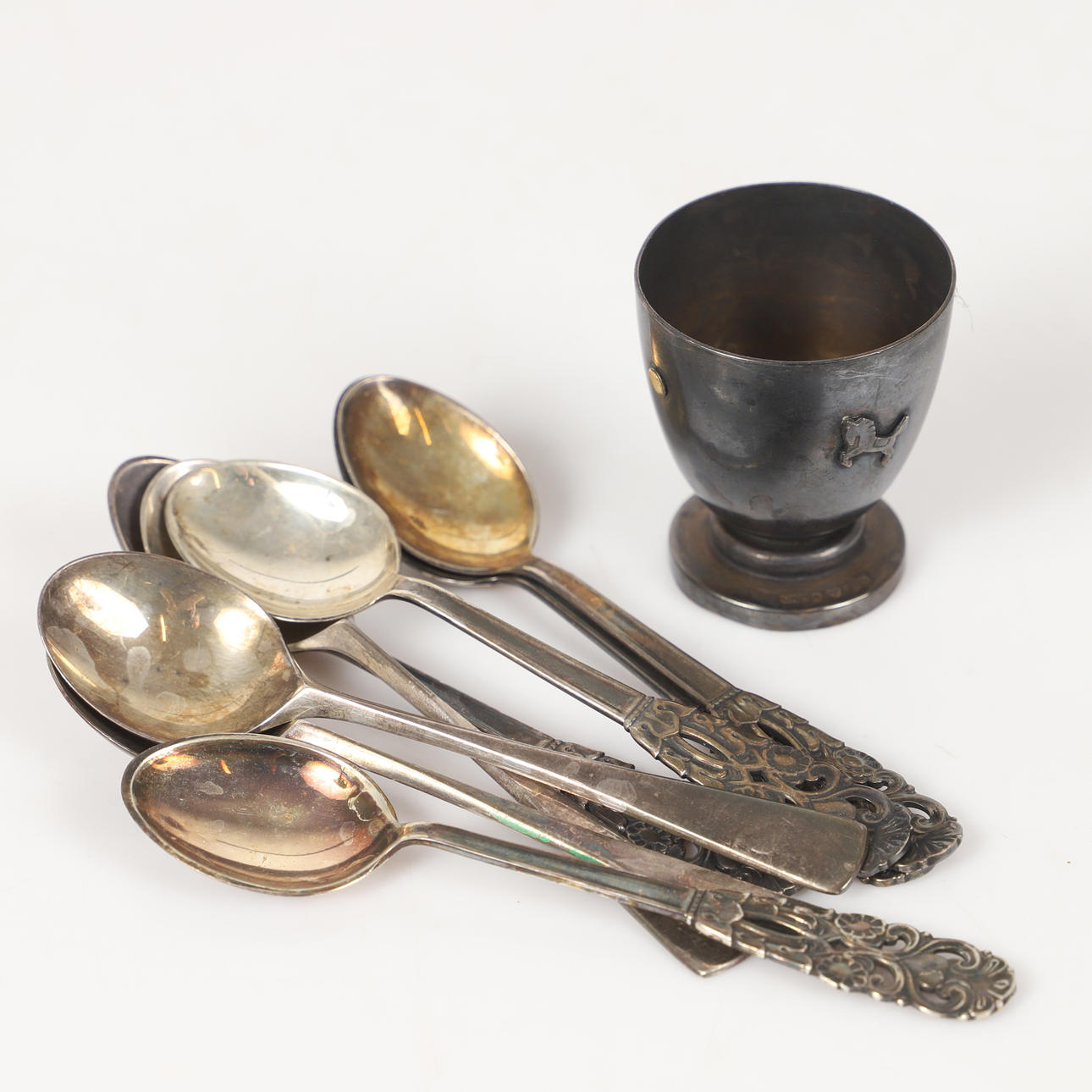 COFFEE SPOONS AND CUP, 9 pieces, silver.