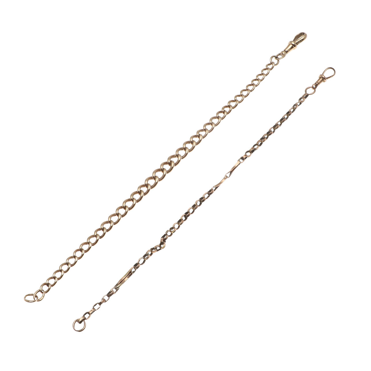 TWO 9CT GOLD WATCH CHAINS.