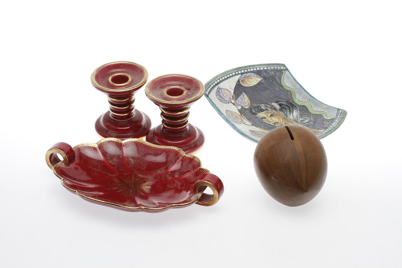 TEAK och KERAMIK, 6 delar, bl.a. "Röd Rubin", Gefle, 1900-tal.