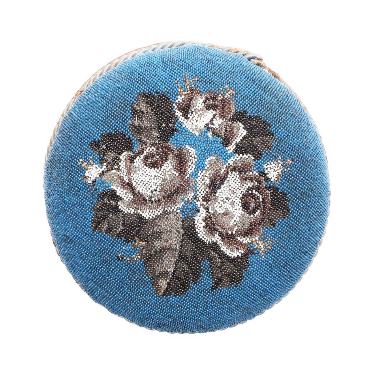 VICTORIAN WALNUT AND BEADED FOOTSTOOL.