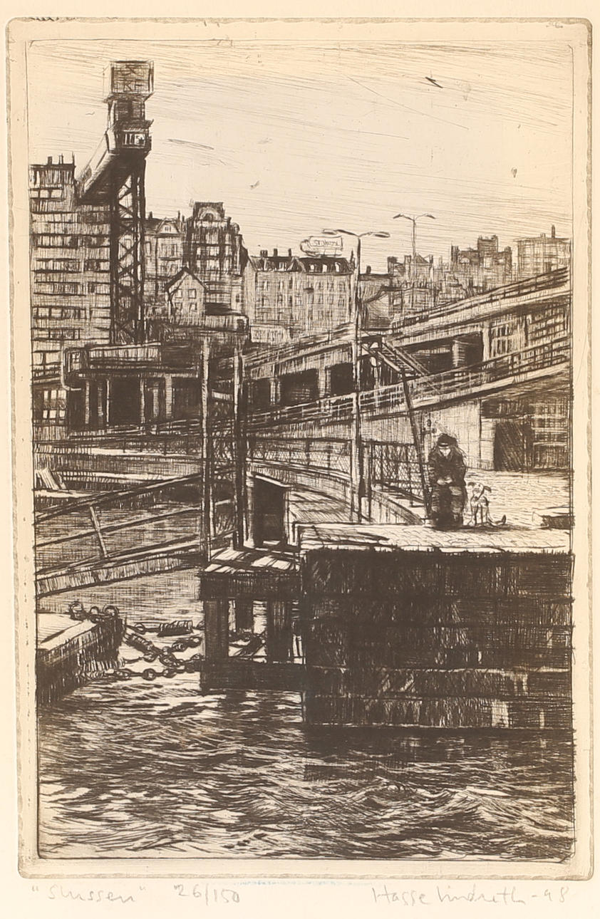 HASSE LINDROTH. Etching, Slussen Stockholm. Signed, dated 1998. 26/150.