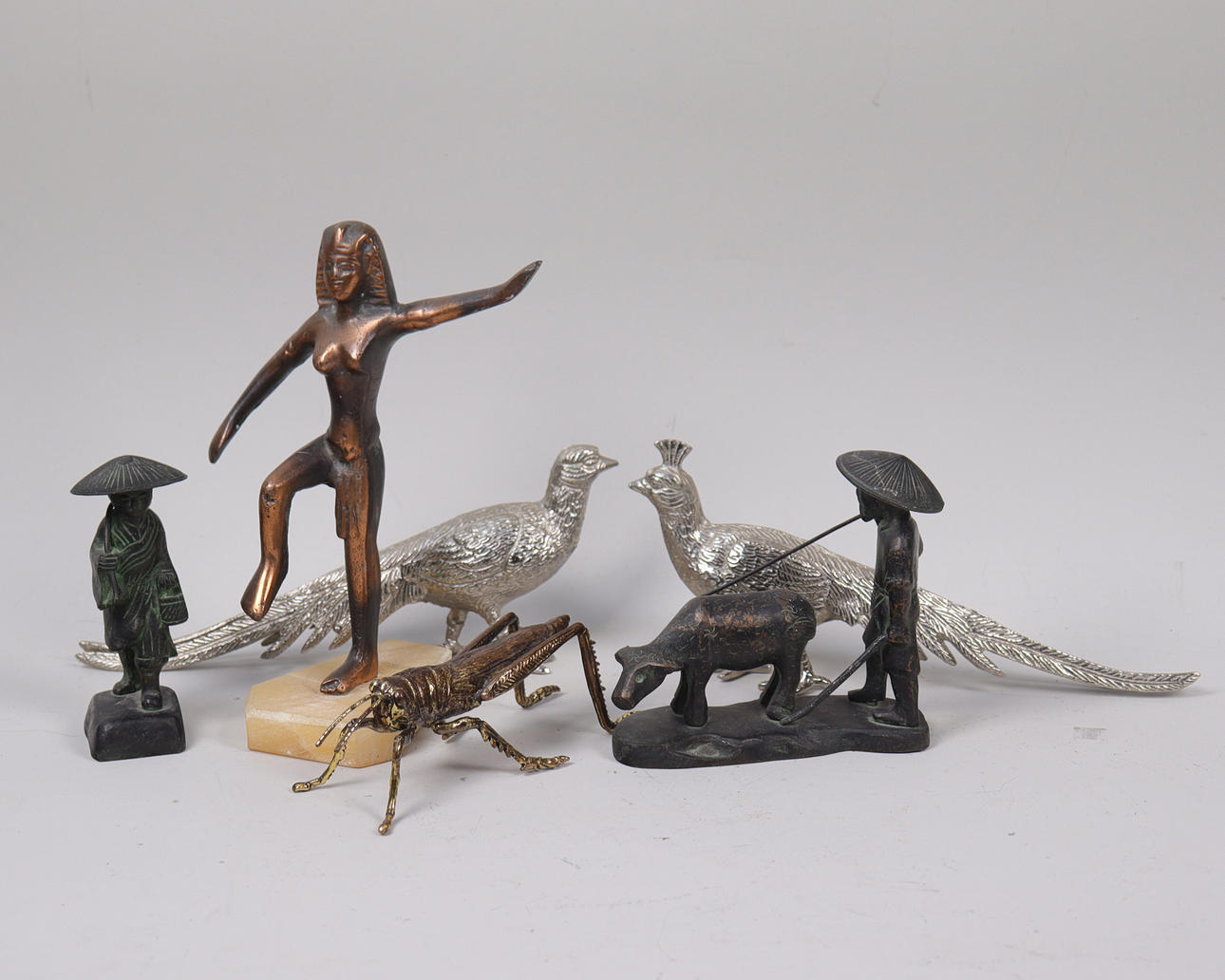 FIGURINES, metal, grasshopper, peacocks, etc., 6 pcs.
