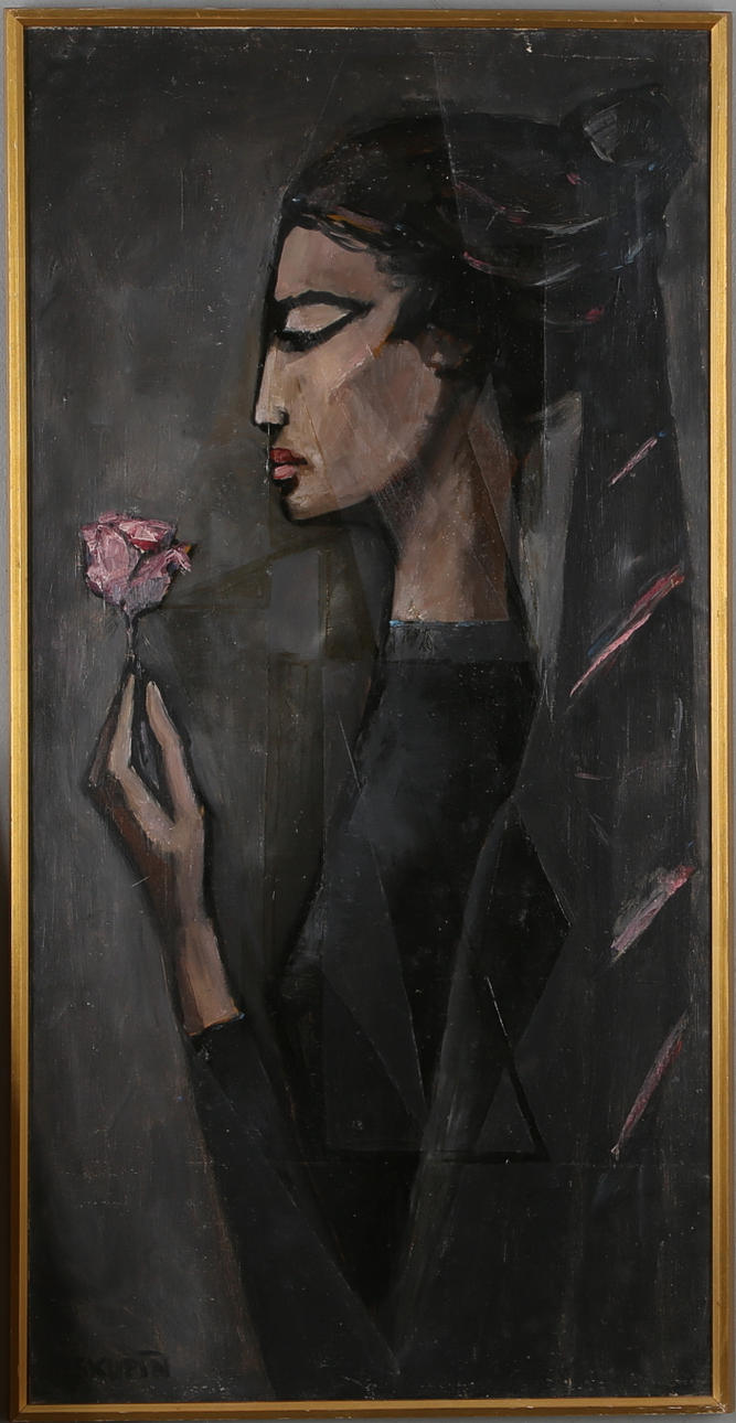 RYSZARD SKUPIN. Kvinna med ros, olja på duk, signerad, daterad a tergo 1966.