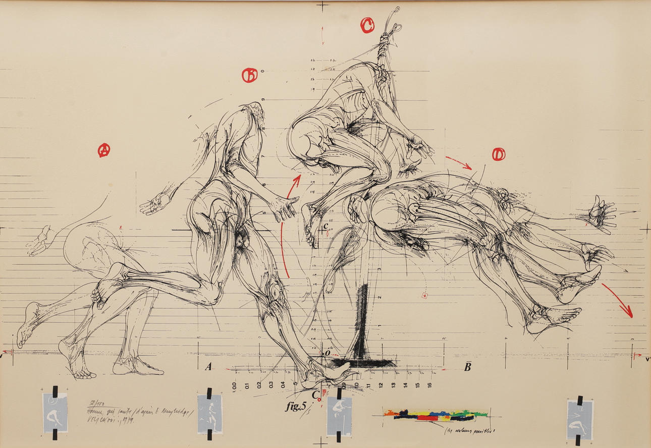 VLADIMIR VELICKOVIC. Composition with body, colour serigraph, signed, numbered and dated 1974.