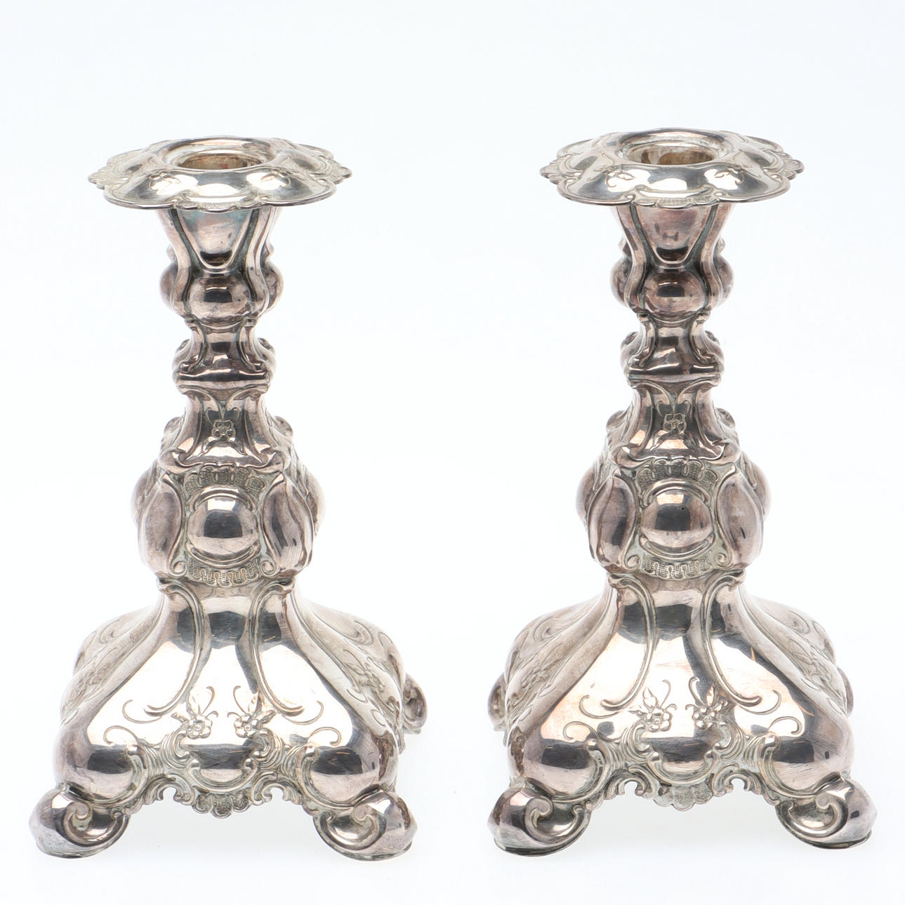 CANDLESTICKS, 1 pair, nickel silver, Rococo style.