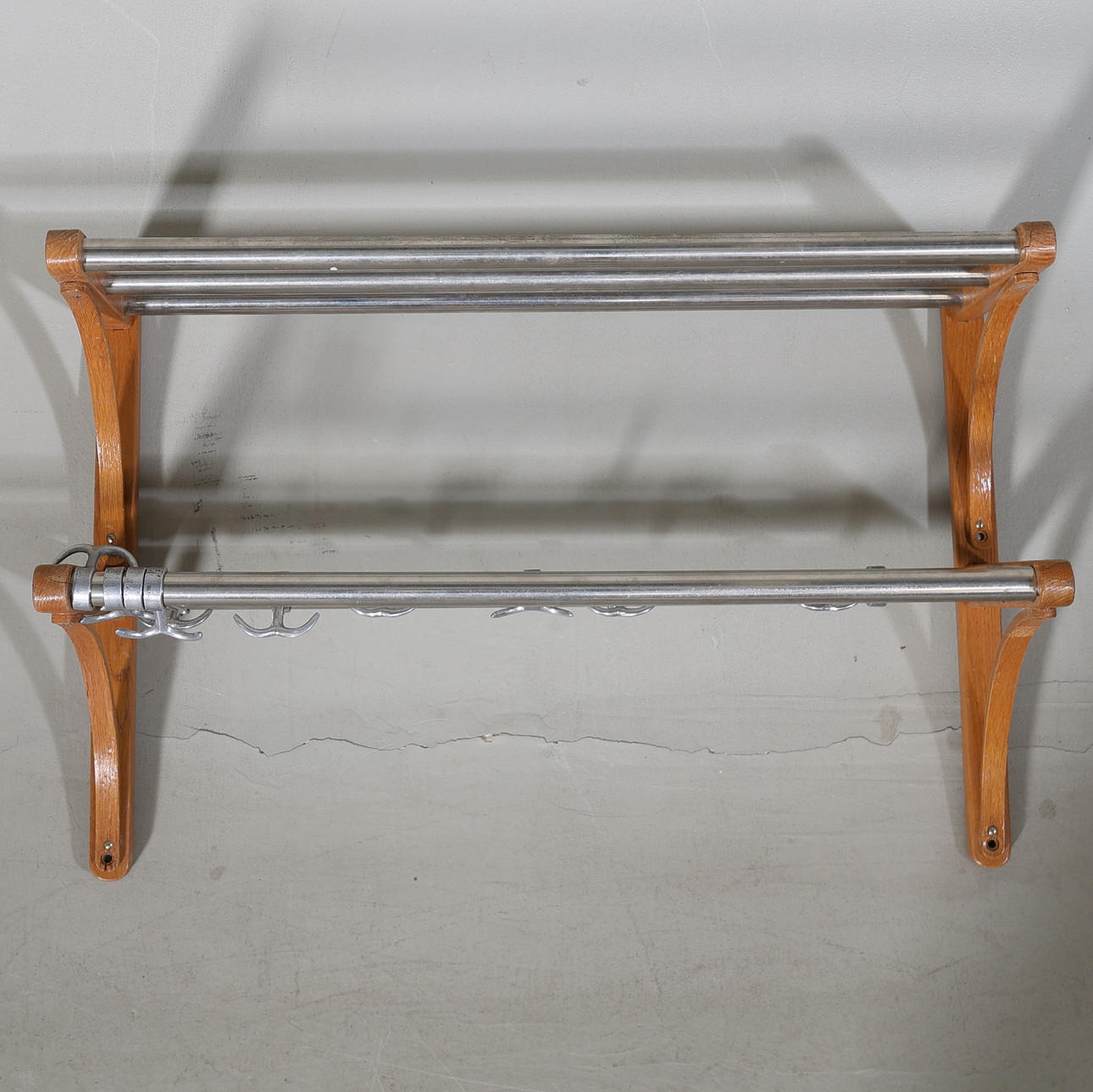 HAT RACK, oak & metal, mid-20th century.