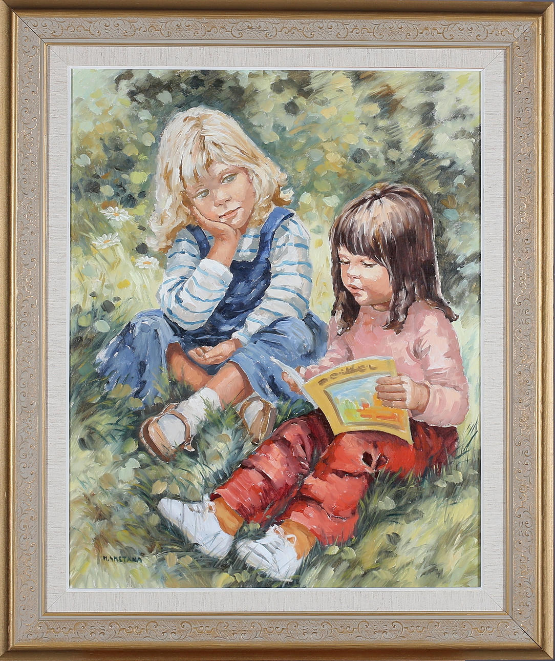 MONICA SMETANA. Läsande barn, olja på duk, signerad.