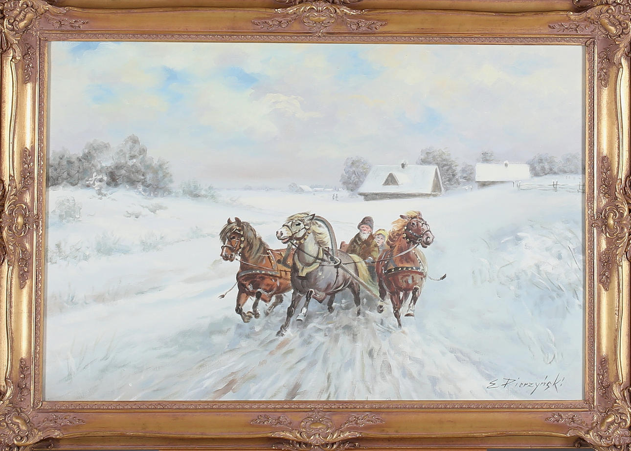 EDWARD PIERZYNSKI. Hästekipage i vinterlandskap, olja på duk, signerad.