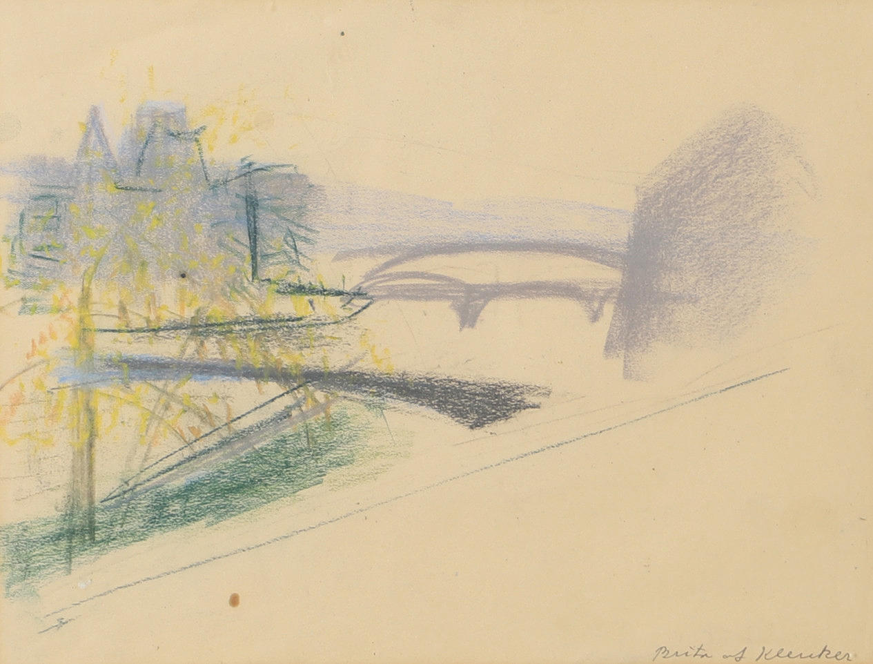 BRITA AF KLERCKER. Landscape with bridge, drawing, signed.