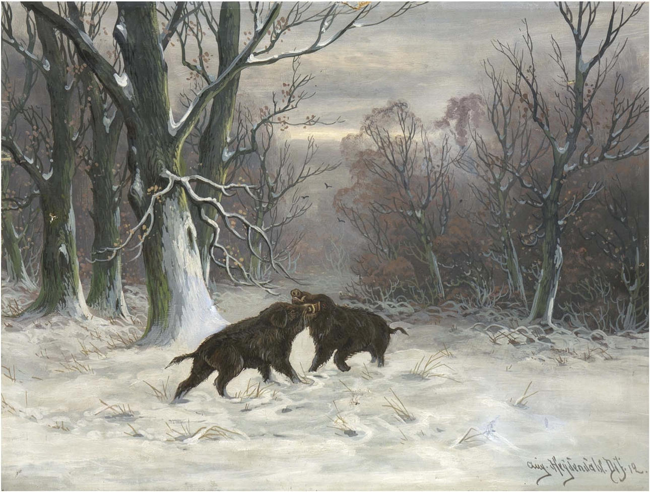 HEYDENDAHL, LUDWIG AUGUST (1808-1879). ”Två stridsvin i vinterskogen”.