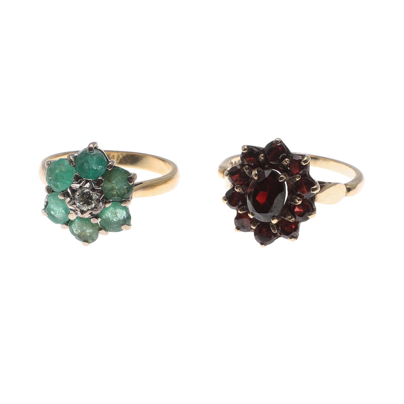 TWO GEM SET AND GOLD CLUSTER RINGS.