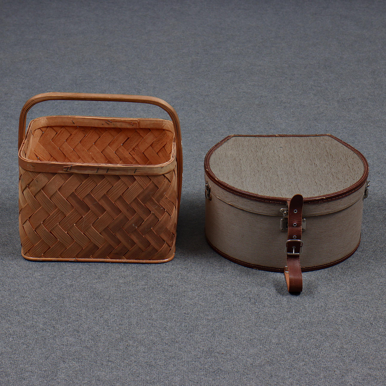 HAT BOX AND WOVEN BASKET.