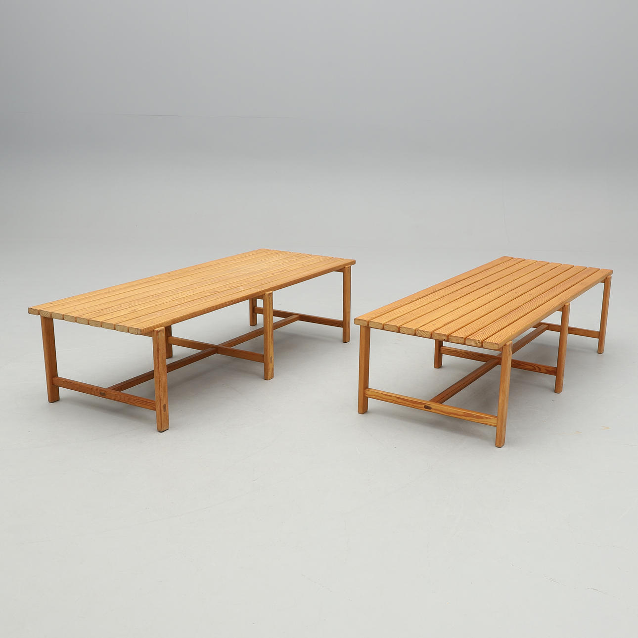 BENCHES, a pair, 1960s/70s.