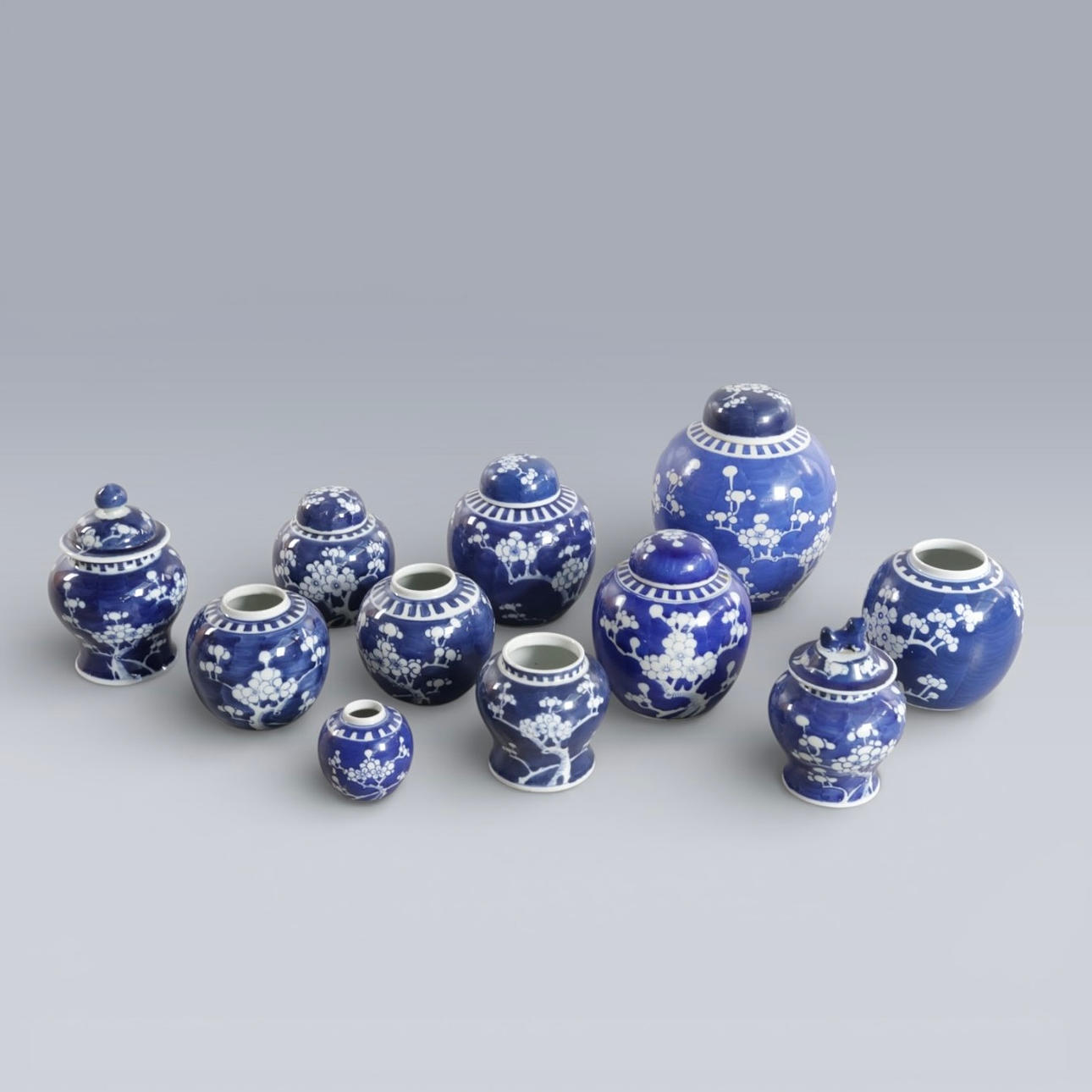 Collection of Chinese porcelain ginger jars with blue prunus pattern ...