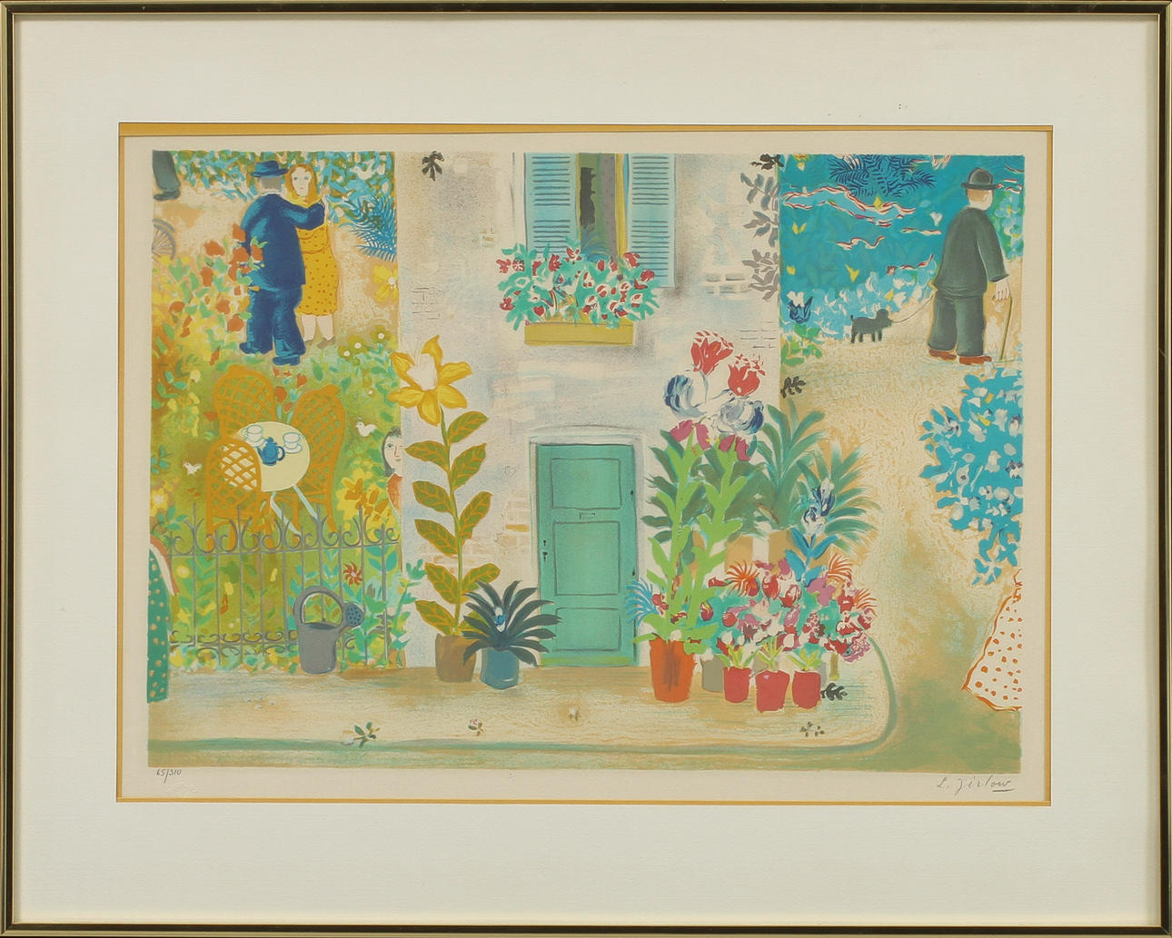 LENNART JIRLOW. Figurscen i trädgård, färglitografi, signerad och numrerad 65/310.