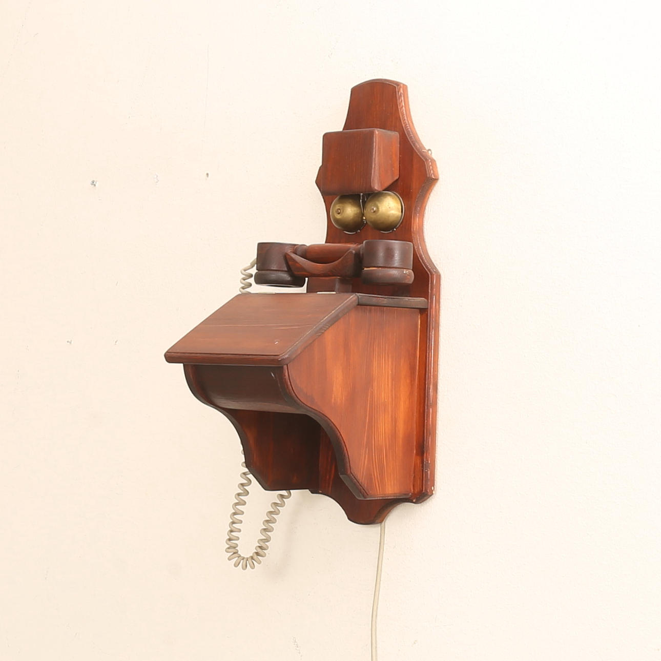 WALL TELEPHONE, wood, signed.