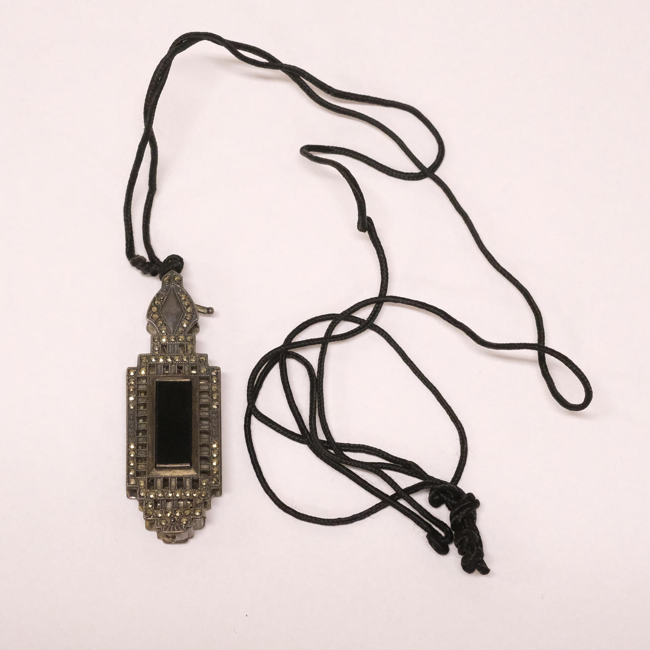 LORGNETTE, SILVER WITH ONYX AND MARCASITES.