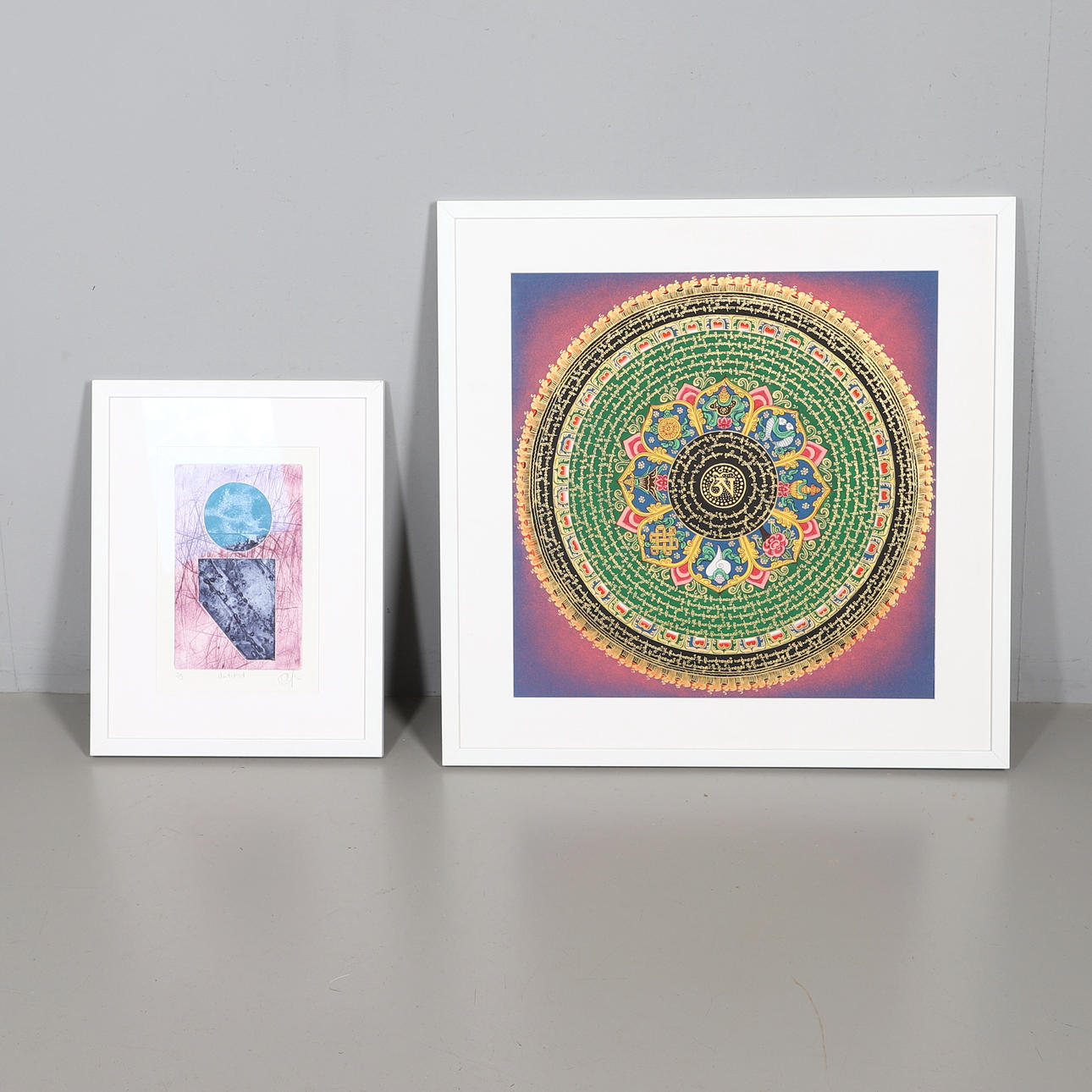 A 20TH CENTURY HAND PAINTED OM MANTRA MANDALA, OM MANI PADME HUM; AND A ...