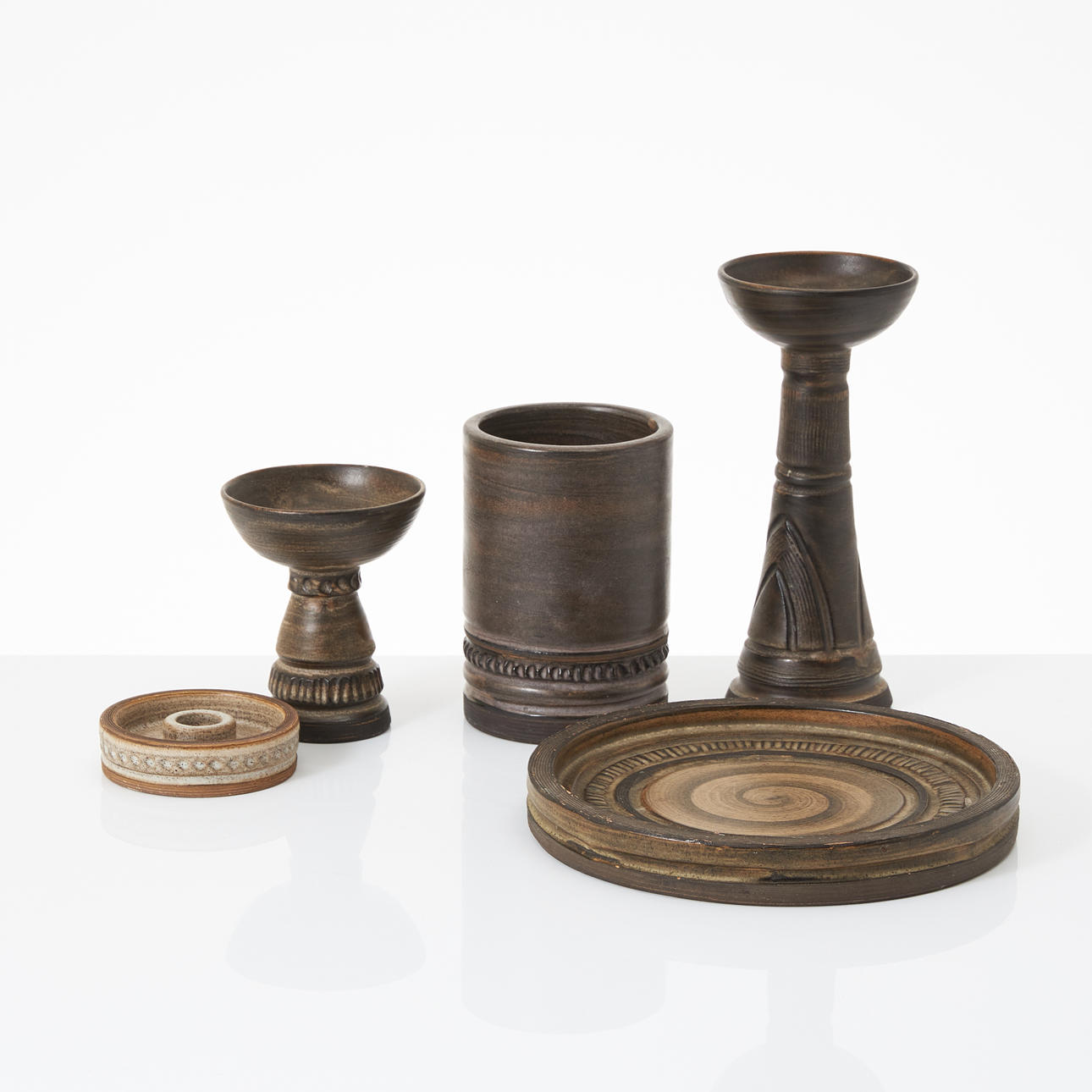 IRMA YOURSTONE. CANDLESTICKS, 3 pcs, DISH, VASE, glazed earthenware.