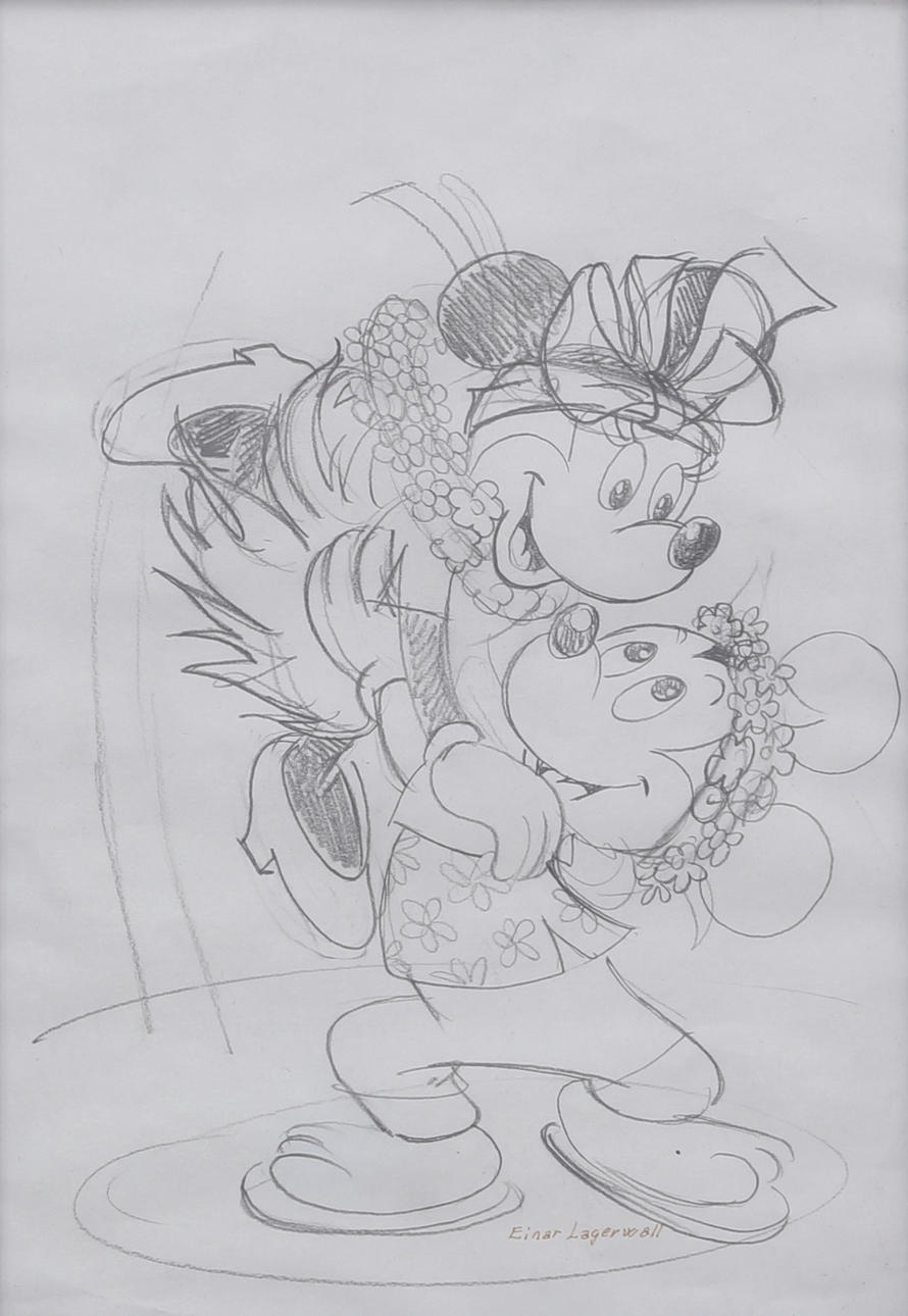 EINAR LAGERWALL. Mickey Mouse and Minnie Mouse. Pencil drawing, signed.