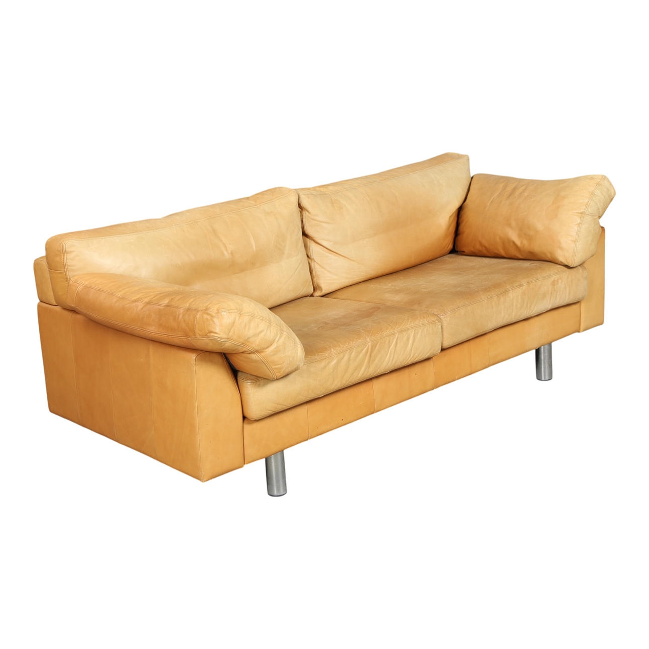 Three-seater sofa upholstered in brown leather.