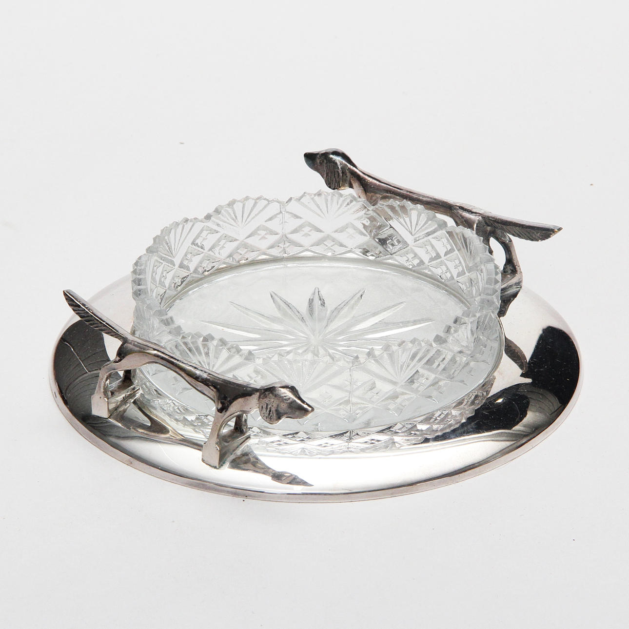 SERVING DISH, with dogs, silver plate/glass.