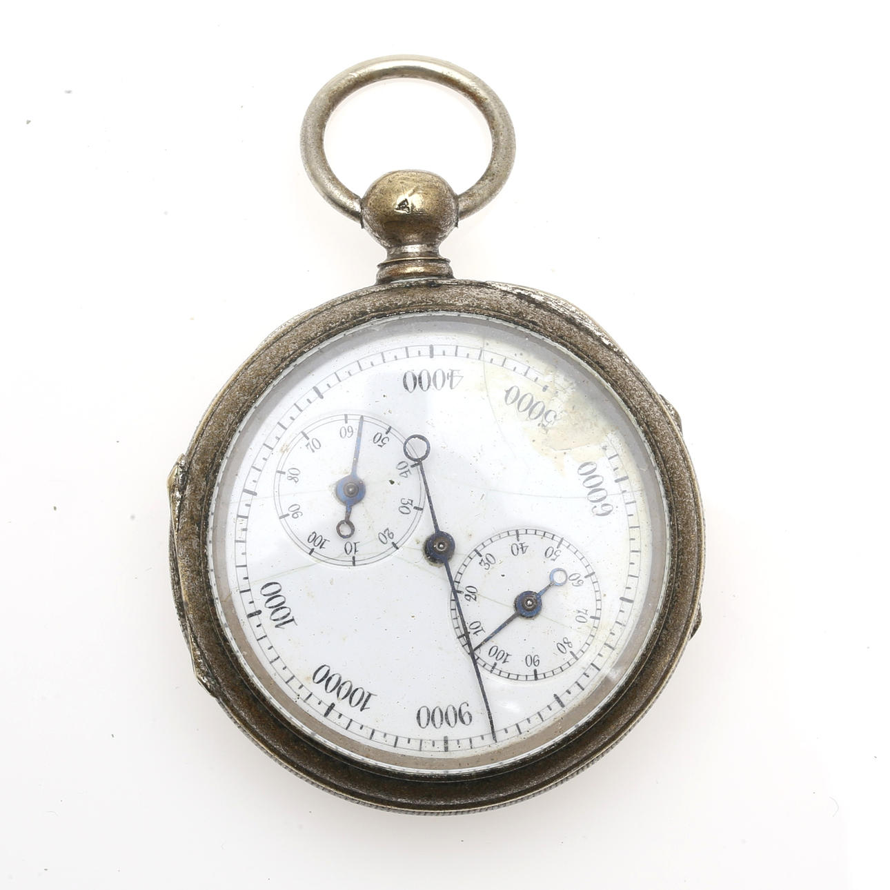 Silvery metal pocket pedometer, circa 1880.