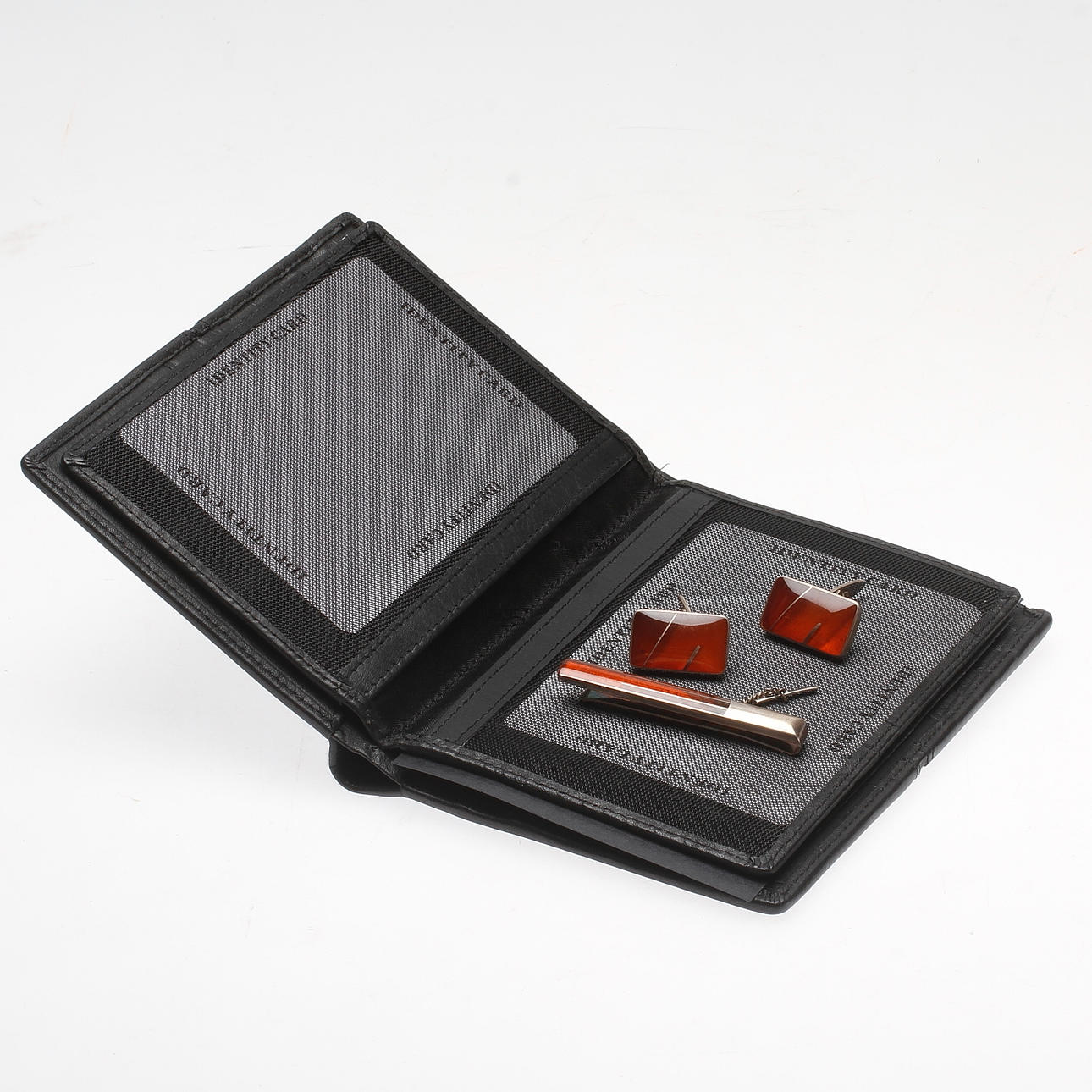 MANSCHETTKNAPPAR, SLIPPSNÅL silver samt KORTHÅLLARE.