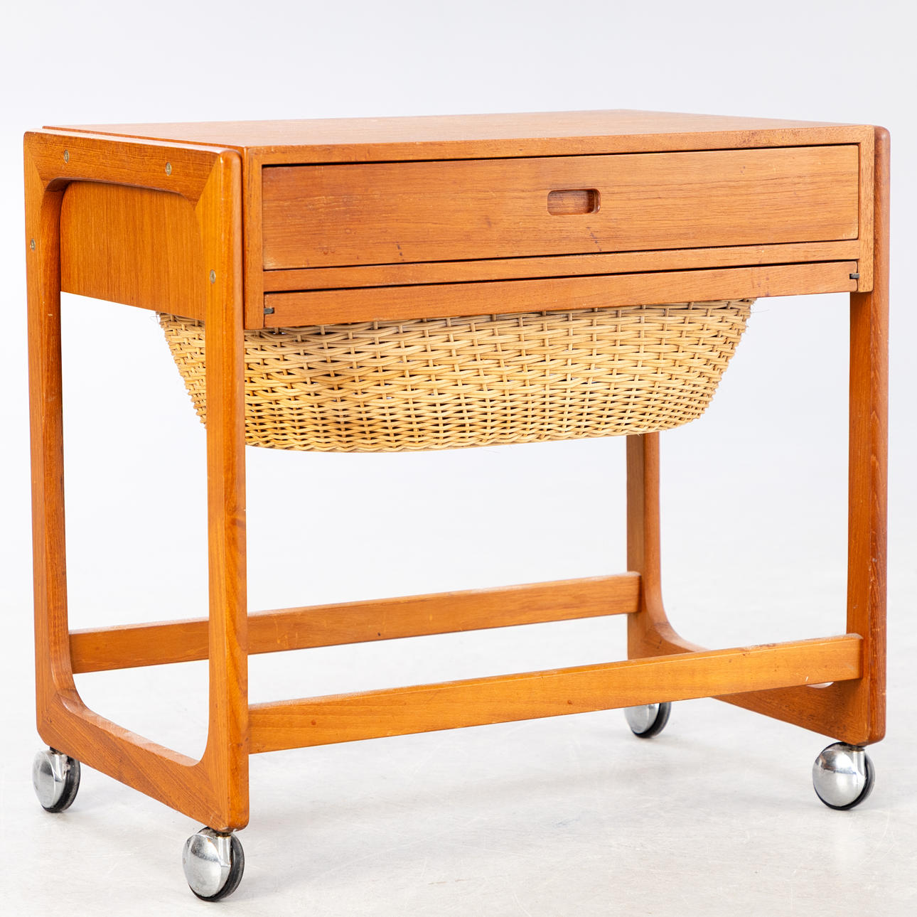 Sewing trolley / sewing table, teak, wicker, 1960s, Denmark.