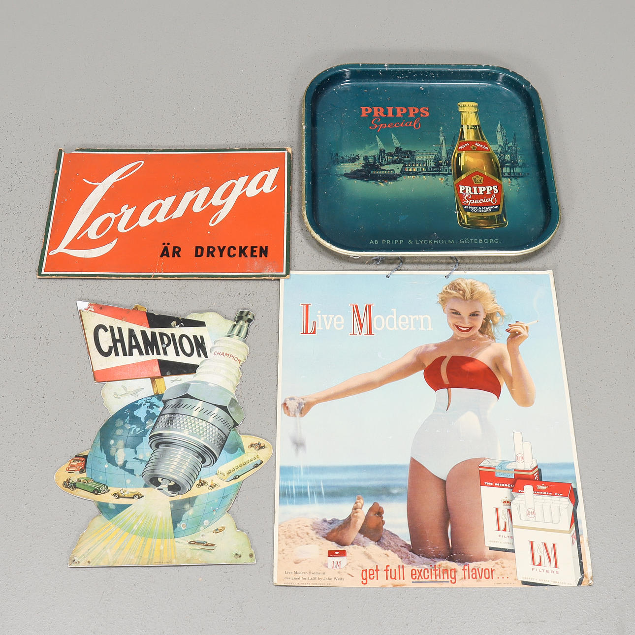 ADVERTISING ITEMS cardboard and tin.