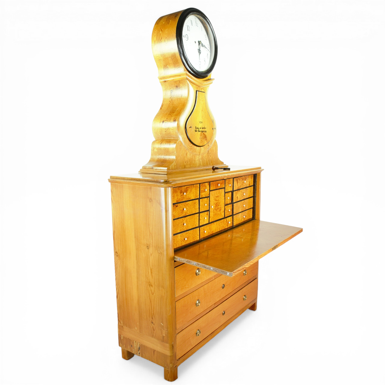 CLOCK BUREAU, pine, root veneer, Småland, 18th century.
