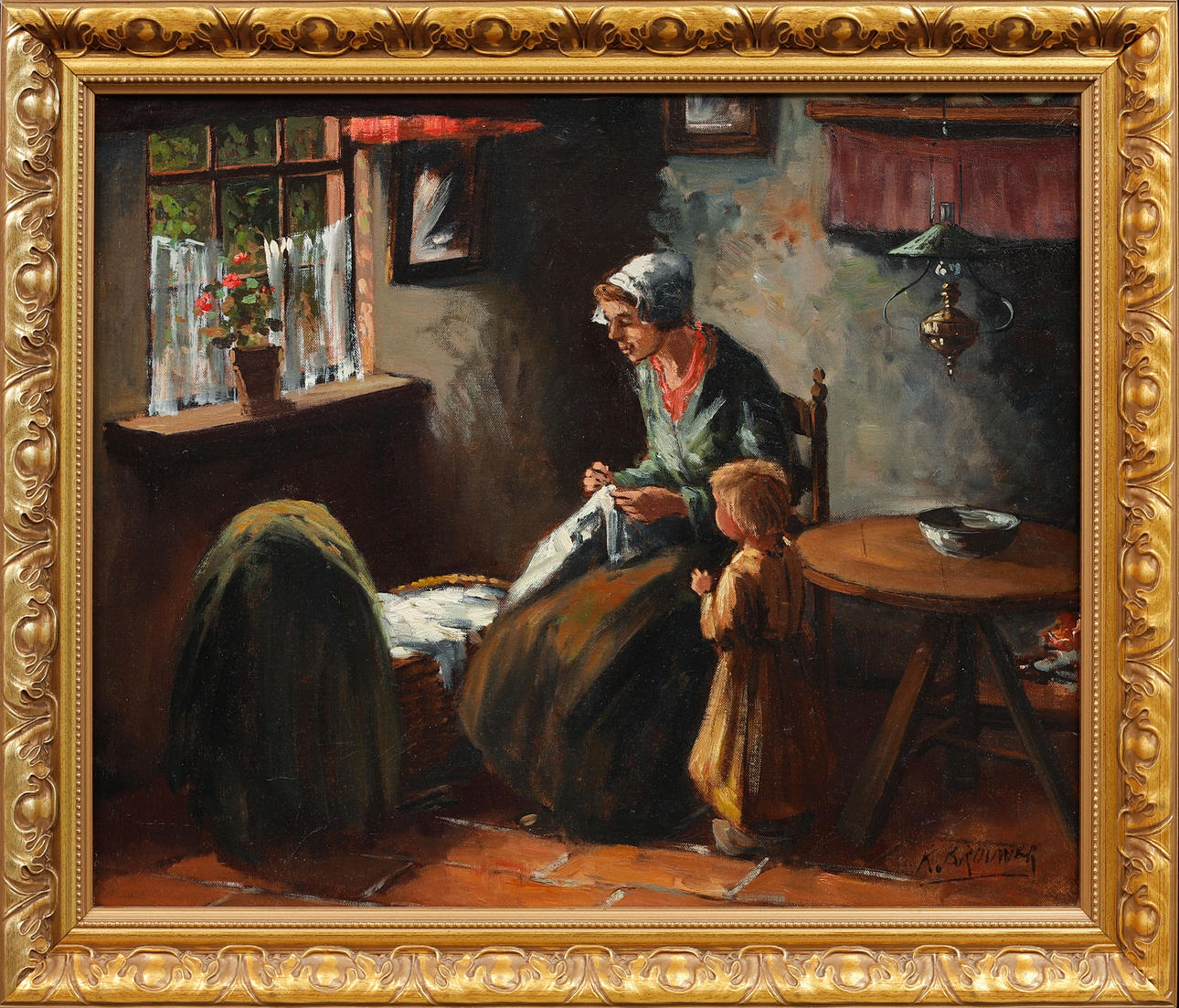 OIDENTIFIERAD KONSTNÄR. Interior with figures, oil on canvas, signed.
