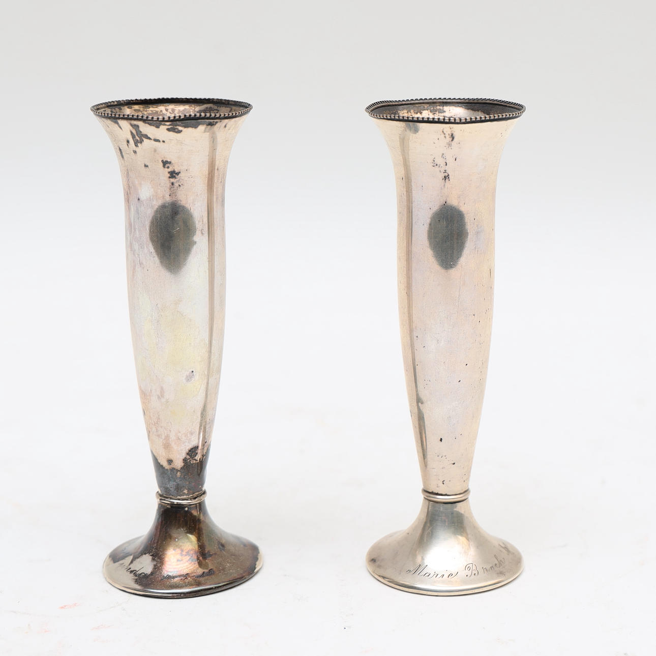 VASES A PAIR, silver, rim with bead border.