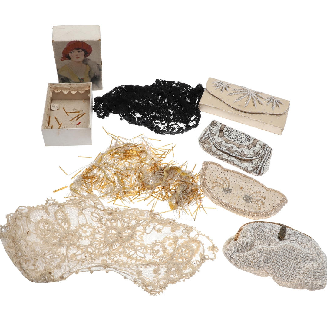 ASSORTED LACE SHAWLS AND PURSES.