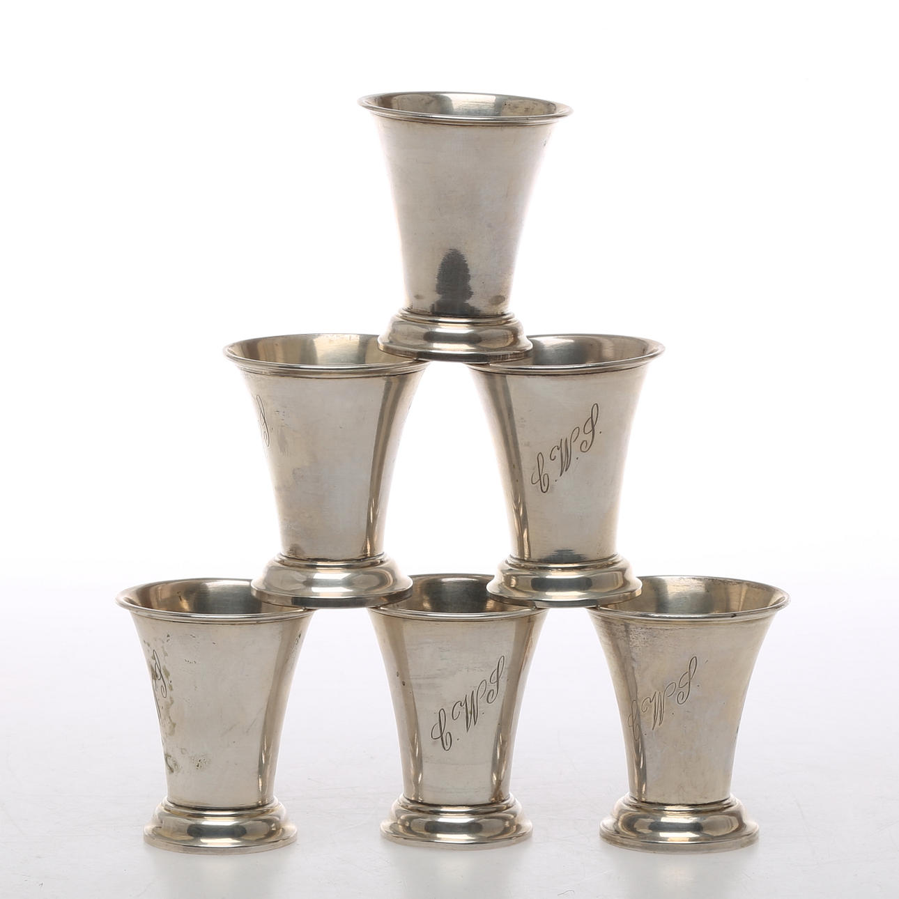 BÄGARE, 6 st, silver, mestadels stämplad Möllenborg, Stockholm, 1896.