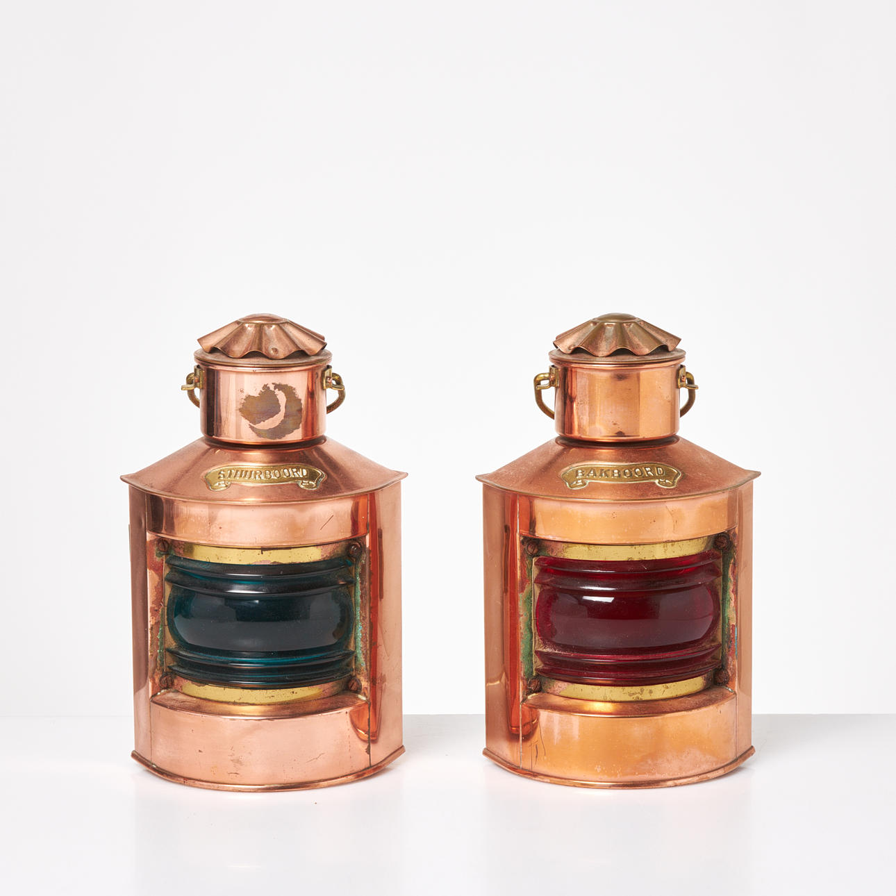 LANTERNS. 1 pair, copper, red and green glass.