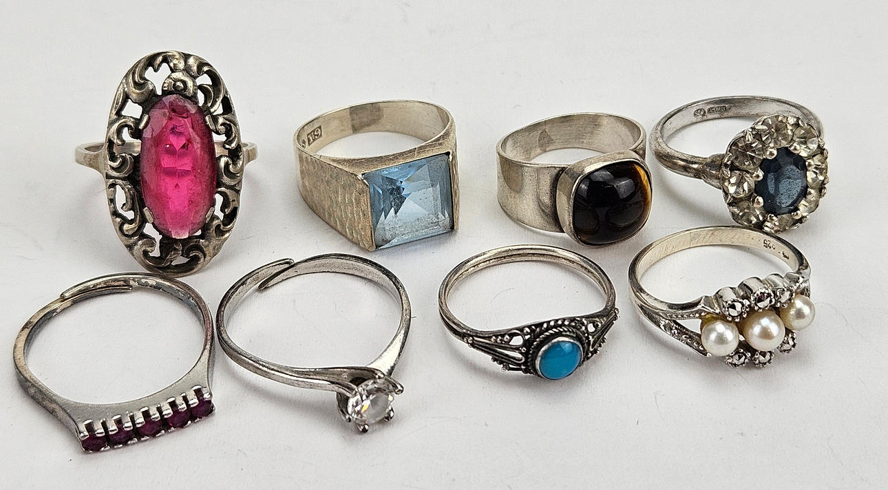RINGS, 8 pcs, silver, 20th century.