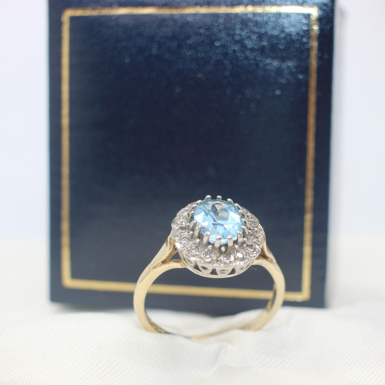 BLUE TOPAZ & DIAMOND CLUSTER RING.