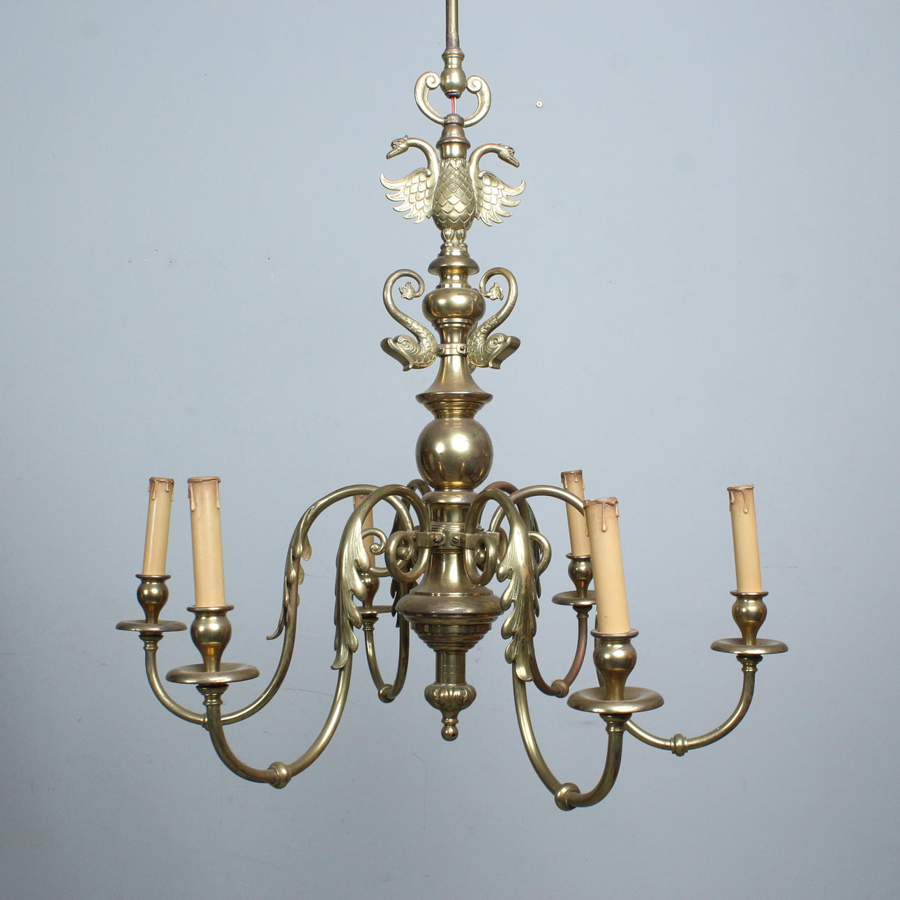 6-light brass chandelier, 20th century.