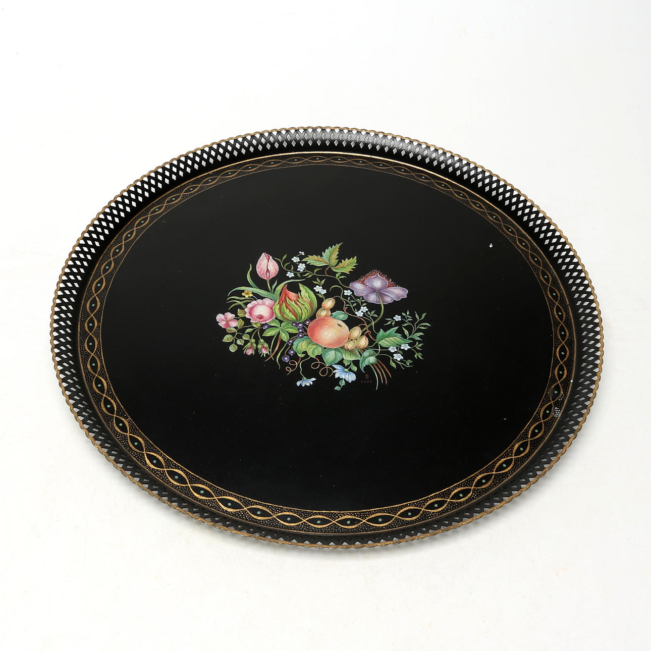 TRAY, metal, hand-painted, monogram signed 1955.