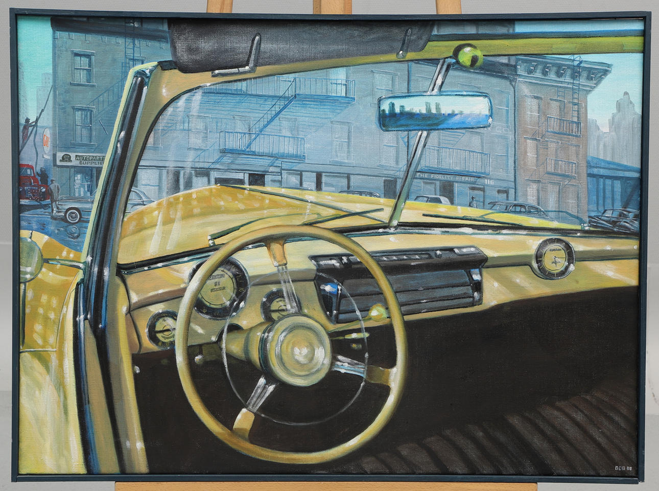 BOB MATSON. Óleo sobre lienzo, coche fuera de un taller mecánico ...