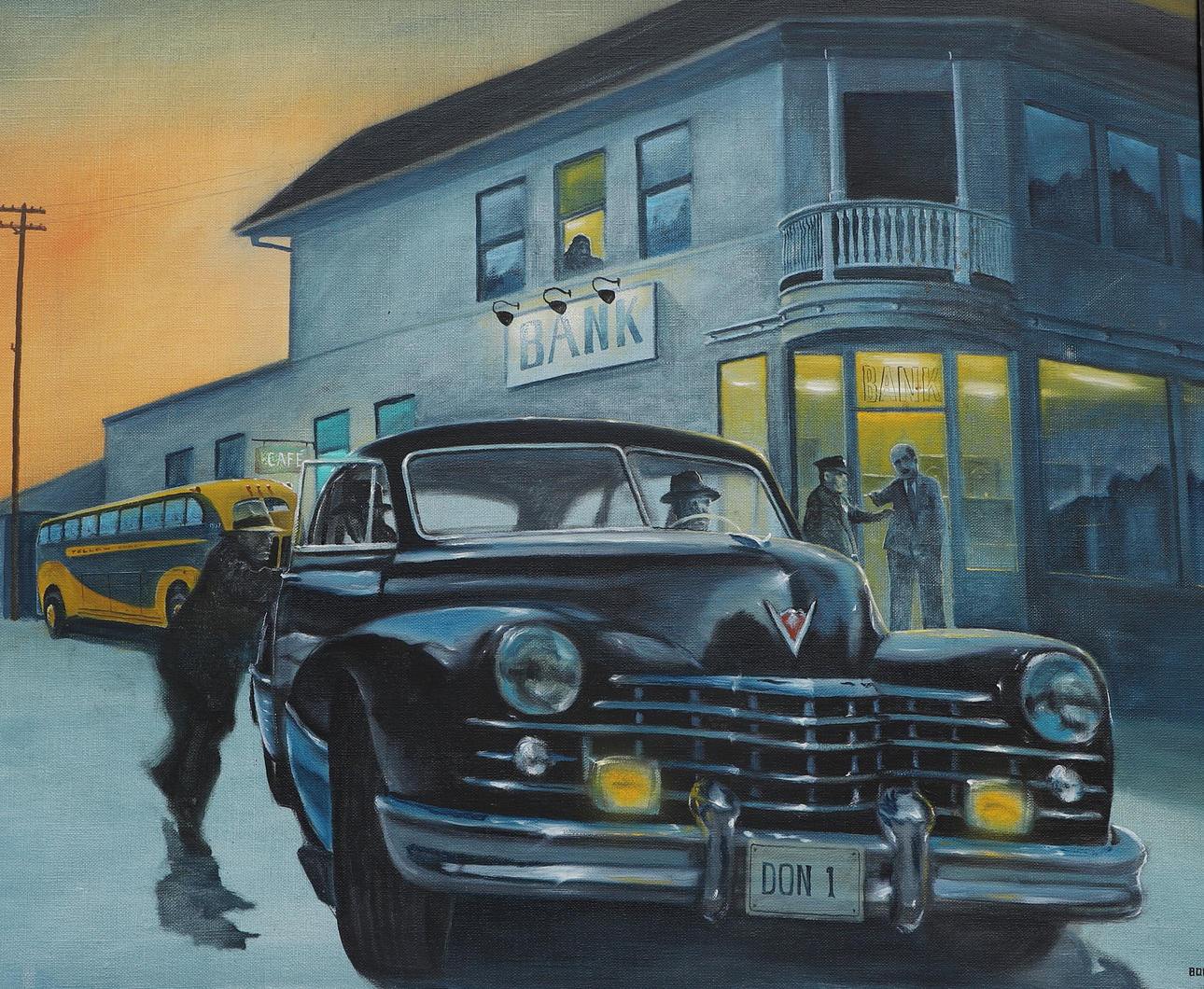 BOB MATSON. Oil on canvas, car outside bank, signed, dated -86.