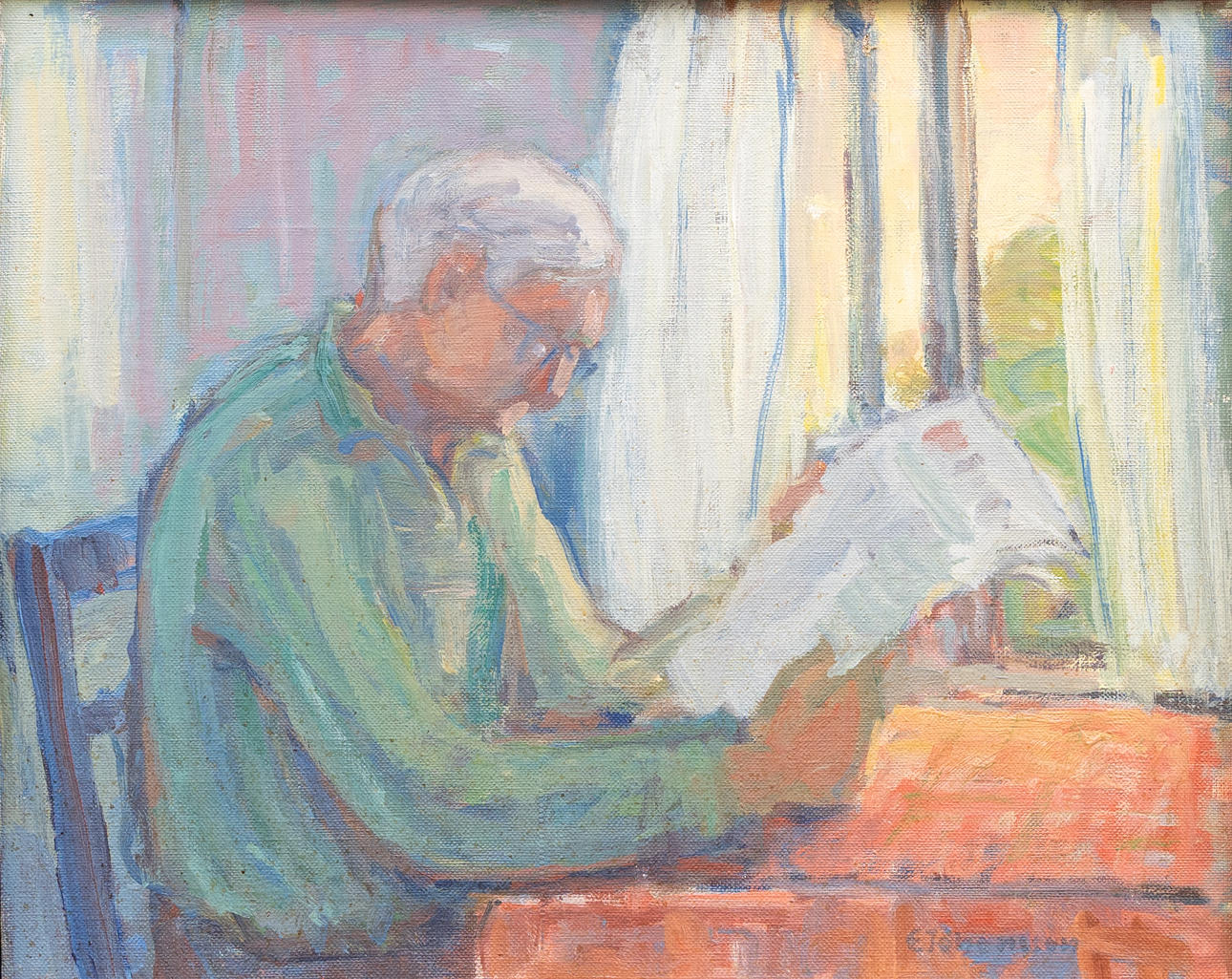 OIDENTIFIERAD KONSTNÄR. Reading man, oil on panel, signed E Johansson.