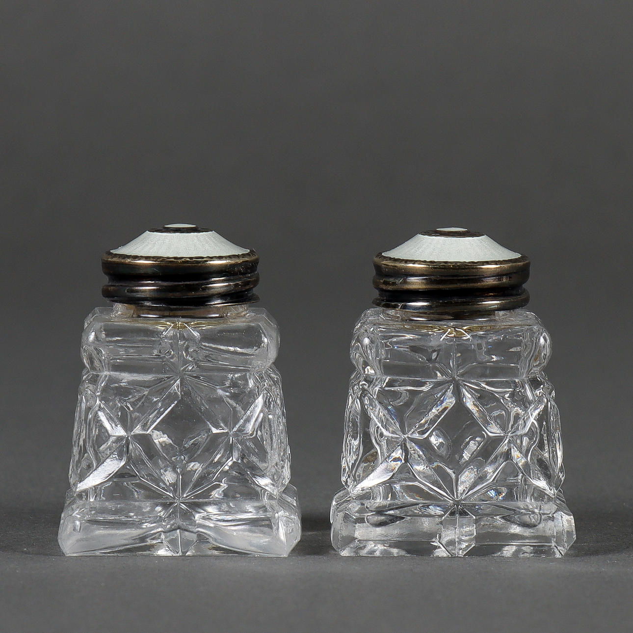 SALT CELLARS 2 pieces, crystal, silver/enamel lids.